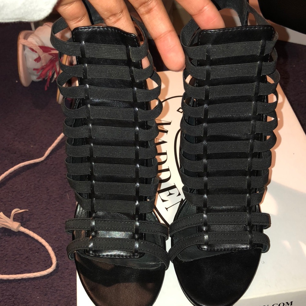 Steve Madden black stretch sandal/ heel.